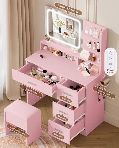 Image of LIVELYGLOW Makeup Vanity Desk Set, 35.4 inch Wx15.7 inchDx53.9 inchH, Pink (Smart LED Mirror, with Cushion Stool, Hairdryer Rack, Power-Outlet, 4 Drawers, Open Shelves)