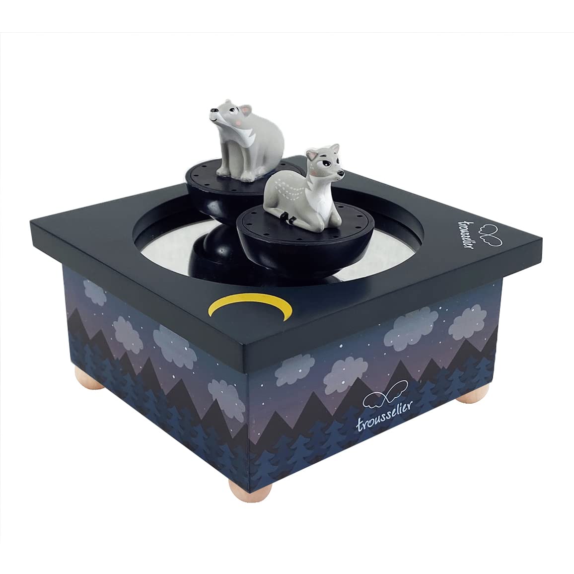 Trousselier - Deer & Bear In Forest - Dancing Music Box - Ideal Birth Gift - 2 Removable Figures - Easy To Use - Nocturne By Chopin - Dark Blue Color - 2 count