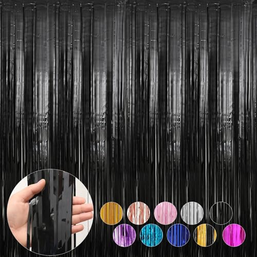 Image of 4 Pack Black Foil Fringe Curtains Door Streamers Party Decorations 3.3 x 8.2 ft, Tinsel Curtain Fringe Backdrop for Parties, Door Fringe Birthday Streamers, Photo Booth Backdrops, Party Decor