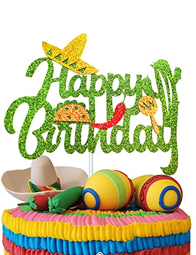Cactus Cake Topper, Happy Birthday Cake Decor with Taco and Maracas, Fiesta Cake Topper, Mexican Theme Birthday Party Supplies, Cactus Party Decorations