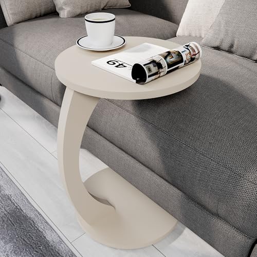 sugodesign Mesa de Centro con Ruedas, pequeña Mesa Auxiliar en Forma de C, Elegante Mesa de sofá en Color Blanco, Mesa Redonda como Estante para sofá y sofá (Beige Arena)