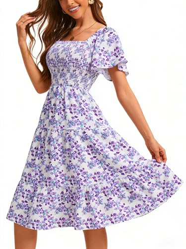 Image of Bbonlinedress Womens Casual Floral Summer Smocked Beach Party Boho Midi Square Neck Dress
