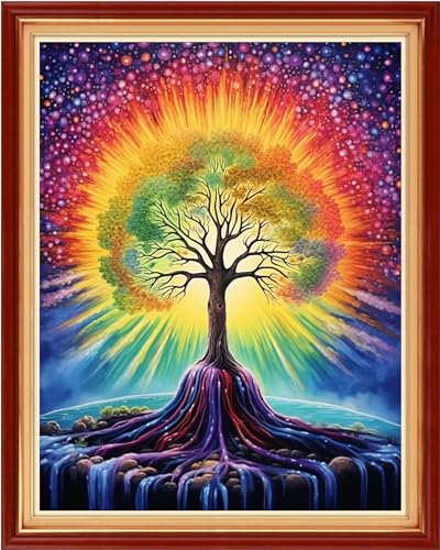 Image of Dooxvey Cross Stitch Kit for Adults Beginners - Stamped Needlepoint Embroidery Pattern - Magic Moonlight Tree 16x20 Inch - 11CT Full Range