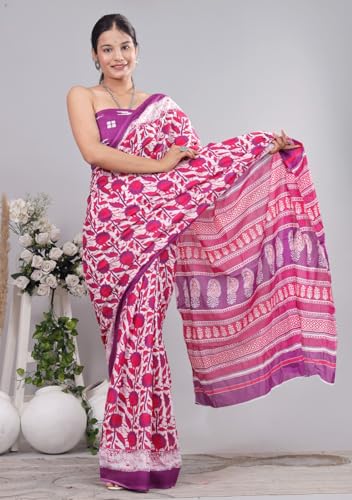 Image of Crafts Moda Pure Cotton Floral Print Saree with Blouse for Women