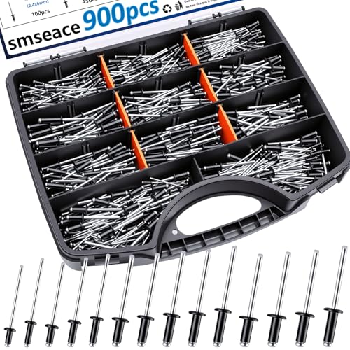 Image of smseace 900Pcs Black Rivets Assortment Kit Packed in Handheld Box 14-Sizes (3 /32 inch1 /8 inch5 /32 inch3 /16 inch) Assorted Blind Rivets for Metal,Furniture,Automotive,Instrument