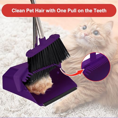 Image of Tiumso Broom with Dustpan Combo Set, Broom and Dustpan Set with 51'' Long Handle, Dust Pan and Brooms, ZeroGap Lip, Self-Cleaning Dustpans Teeth for Lobby Kitchen Restaurant - Purple