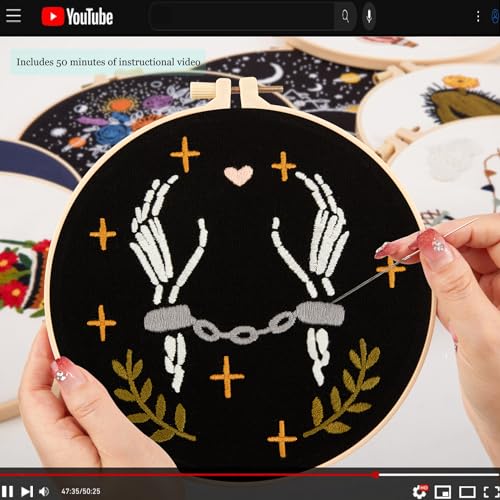 Image of Halloween Embroidery Kits for Beginners Adults, Skeleton Stamped Cross Stitch Kit for Adult Beginners, Gothic Hand Embroidery Starter Kits, 2 Set Embroidery Supplies, 2 Hoops (Attached Video Tutorial)