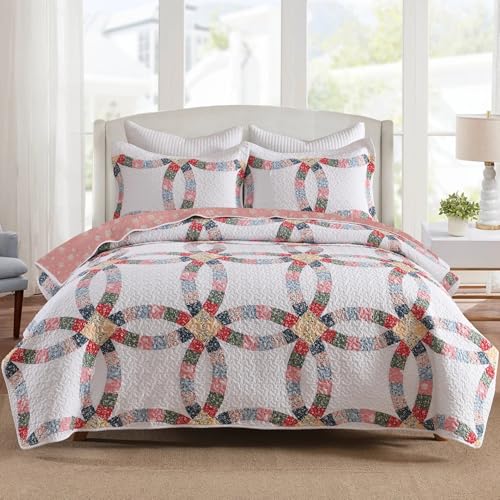 MarCielo 3Pcs Cotton Floral Quilt Bedspread Set Patchwork Wedding Ring Quilt Bedding with 2 Pillow Shams (White Pink,King (106"x90"))