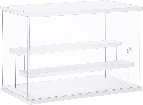 Dezzer Acrylic Display Case Stand with 2 Ladder Shelves, Clear Dustproof Protection Storage Display Box for Collectibles, Action Figures, Miniature Figurines, White 12.4x7x8.6in