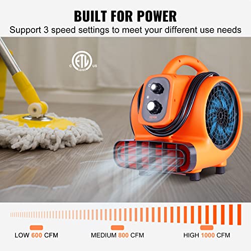Image of VEVOR Air Mover, 1 /4 HP 1000 CFM Carpet Dryer for Cooling and Ventilating | Portable Floor Blower Fan, 4 Blowing Angles and Time Function, Adjustable Blow Angle for Janitorial, Home, Commercial Use