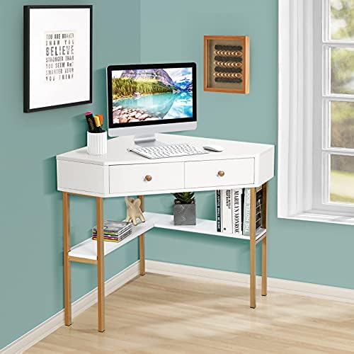 COSTWAY Corner Computer Desk, Triangle PC Laptop Table with 2 Drawer and Storage Shelves, Space Saving Metal Frame Wooden Study Desk Writing Workstation for Home Office Bedroom