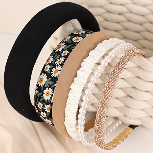Drnytunk Headbands For Women,Pearl Headband Floral Headbands Padded Headbands For Women Vintage Wide Headband For Women Bandana Hair Accessories For Women,Black #TOP2