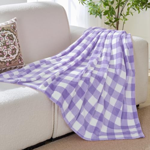 Image of BEDELITE Plaid Fleece Throw Blanket, Purple & White Buffalo 60x80 Inches