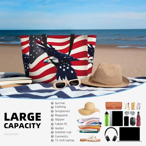 American Flag Fly Eagle Large Beach Tote Bag Women Beach Tote Bag For Pool Gym Grocery Travel With Multiple Pocket 5