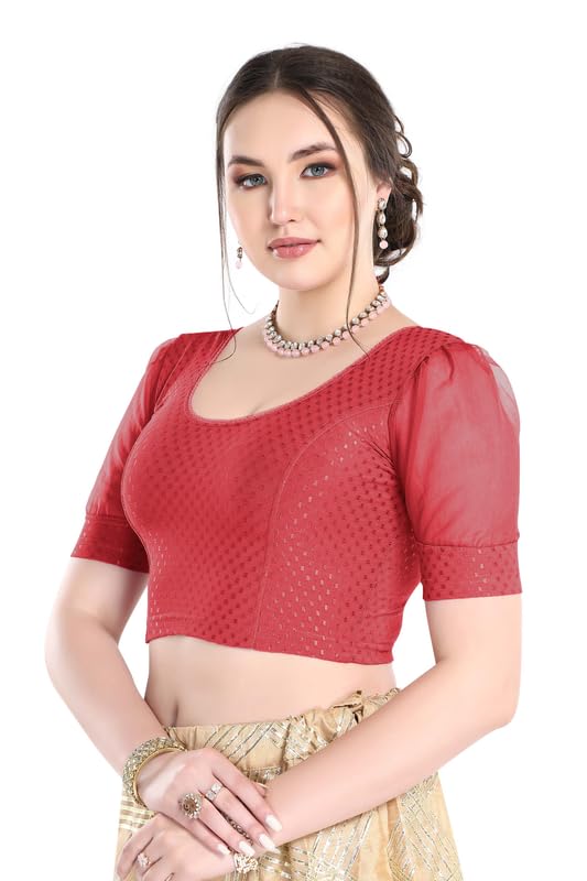 Image of FINESTFIT Stay On Trend Fashion 100% Cotton Readymade Blouses for Women,Round Neckline with Organza Balloon Sleeves.