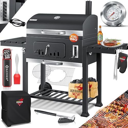 KESSER® Barbacoa barbacoa Smoker XXL con tapa, ruedas, mango de acero inoxidable, termómetro, parrilla, cepillo, cubierta, 8 pinchos con bolsa y cepillo de silicona, parrilla de pie, carro de carbón