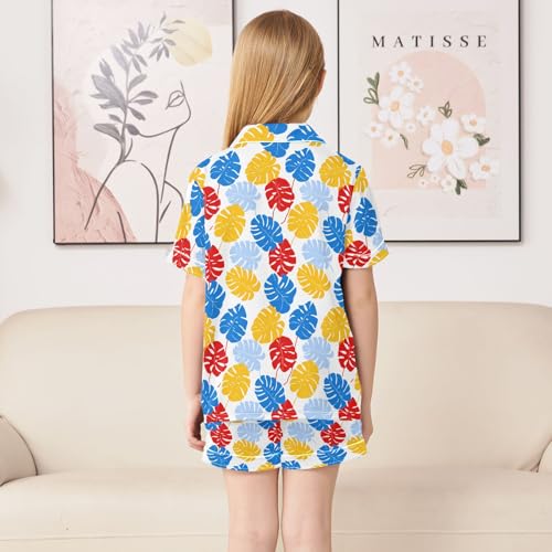 Red Blue Yellow Monstera Leaves Pattern Summer Satin Pajama Set, Cute Button-Down Sleepwear Pj Set for Sleep Wears4