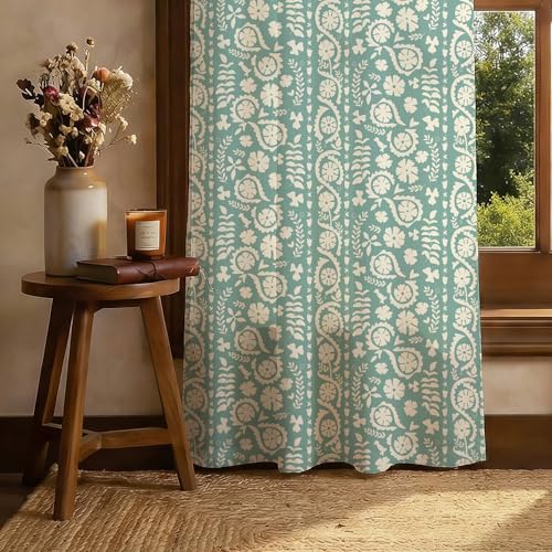 Image of Urban Space 100% Cotton Floral Curtains 5 Feet Long Set of 2, 60-65% Room Darkening, Decorative Curtains with Eyelets /Rings for Hanging, Tieback Included (Dhara Dusty Teal, Window - 5 Feet)
