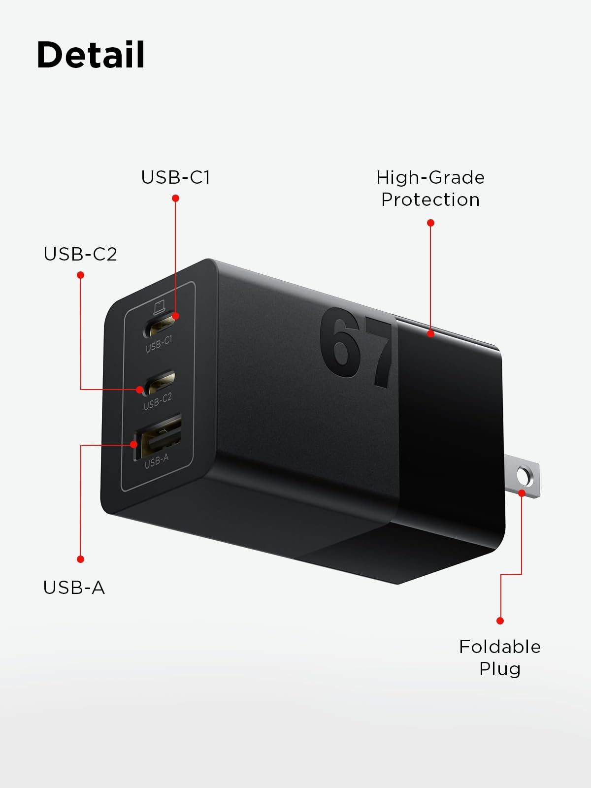 Lenovo - Caricatore USB-C da 67 W, ricarica rapida multi-dispositivo a 3 porte, blocco caricatore avanzato GAN, caricabatterie da parete compatto e veloce, per MacBook Pro/Air, DELL XPS, iPhone 16
