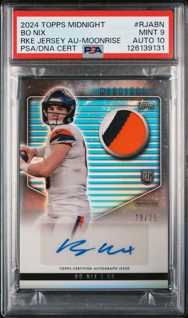 Graded Psa 9 With Auto Grade 10 Bo Nix Serial Numbered 19/25 Autograph 3 Color GU Patch Football Rookie Card Midnight Moonrise RJABN Broncos Young Star Quarterback Only One Of These Cards Received a Combination Grade This High