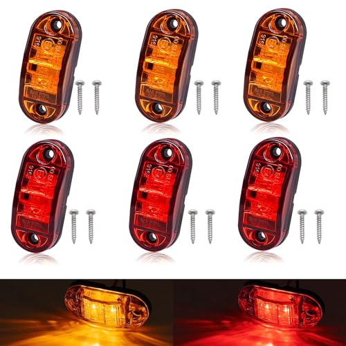 Tnisesm 6Pcs Amber+Red 2.5 Inch Waterproof Trailer Marker Lights, 2 Diode LED Trailer Side Marker Light, Oval Running Lights For RV Camper Accessories