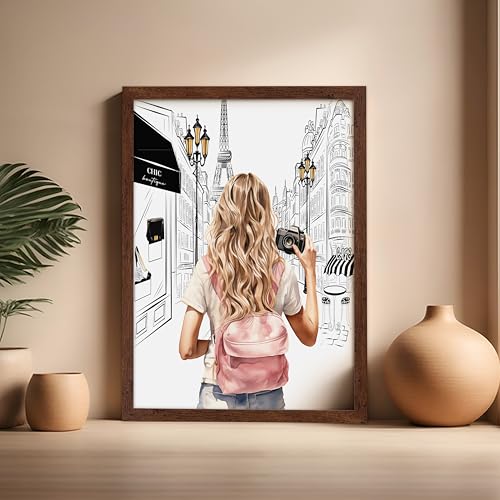 Image of Poster Master Fashion Poster - Lady With A Camera Print - Trendy Art - Paris Art - Modern Art - Gift for Women & Fashionista - Glamour Wall Decor for Bedroom or Girl's Room, 16x20 Brown Framed
