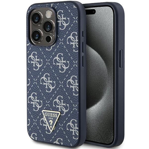GUESS GUHCP15LPG4GPB Coque pour iPhone 15 Pro 6,1" Bleu Coque Rigide 4G Triangle Métal Logo