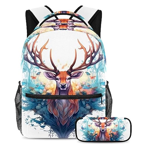Sac à dos cerf et papillon avec trousse scolaire multicolore pour élèves