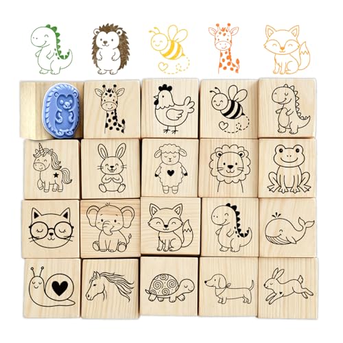 20-tlg. Stempelset Kinder Holzstempel Niedliche Tierstempel (Stempel Dino & Stempel Einhorn) Mitgebsel Kindergeburtstag Schultüte Füllung & Gastgeschenke Belohnungsstempel & Motivstempel Kinder