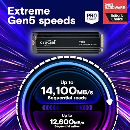 Image of Crucial T705 PCIe Gen5 NVMe 4TB SSD with Heatsink, Up to 14,100MB /s, TLC NAND, Laptop & Desktop (PC) Compatible, for Creatives and Hardcore Gamers, Solid State Drive, 1Mo Adobe CC - CT4000T705SSD5