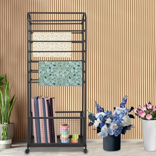 Image of CNCEST Double-Sided Ribbon Holder Organizer Rack,Free Standing Mobile Ribbon Holder,Metal Ribbon Stand Organizer,Ribbon Display Rack Storage Shelf for Craft Room,Wrapping Paper (Black,27.6x11.8x65in)