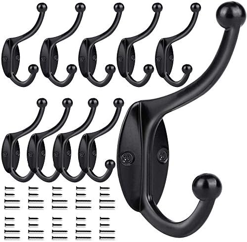E-Senior 10 Pack Wall Hooks Coat Hooks Towel Hook for Hanging Heavy Duty Hat Hook Double Wall Mounted Coat Hanger with Screws Cup Retro (Black)