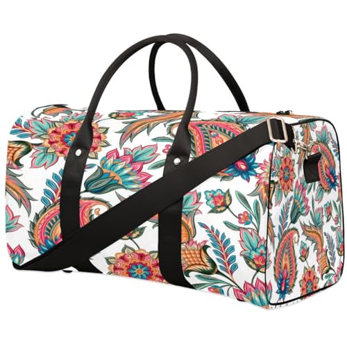 Tribal Ethnic Flower Leaves Travel Duffel Bag, Vintage Sports Tote Gym Bag, Foldable Weekender Overnight Bag, Luggage Handle Bag for Women Men