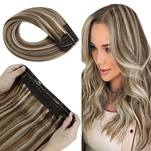 LaaVoo Hair Extensions Halo 14inch 80g Light Brown Highlights Blonde Hair Extensions Halo Real Hair Extensions Halo Clip in Human Hair Invisible Halo Hair Extensions