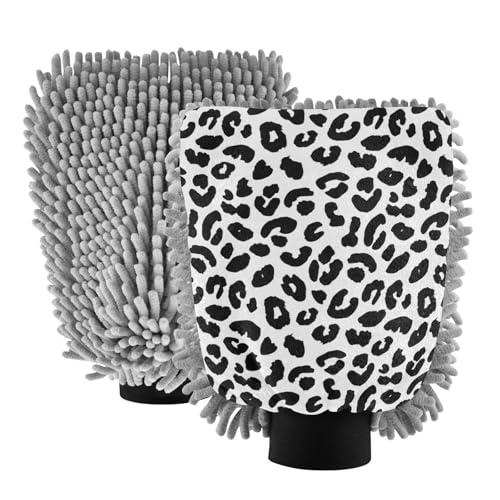 Kigai Beautiful Leopard Print Texture Car Wash Mitt Microfiber, 2Pcs Scratch Free Lint-Free, Premium Chenille Microfiber Mitt Car Wash Brush-L