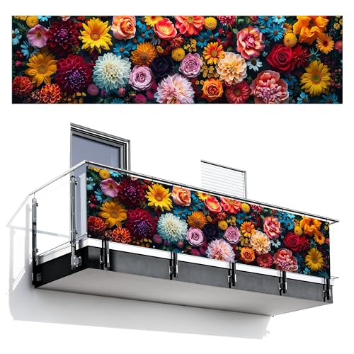 MuchoWow© Balkon Sichtschutz Einseitig 75x300 cm Groß PVC Seitenwand Terrassen für den Garten ohne Bohren Wetterfest Seitlich Zaun Terrasse Balkon Dekoration Blumen - Bunt - Natur