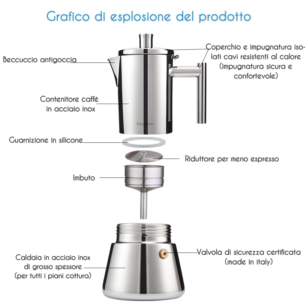Easyworkz Diego Caffettiera Macchina per Espresso Italiana in Acciaio Inox 4 Tazze,200 ml, per fornello