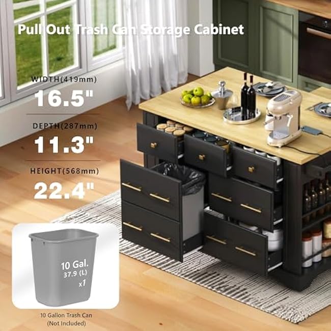51 Kitchen Island with Pull Out Trash Can Storage & Drop Leaf,Folding Island Table with 6 Drawers,Rolling Kitchen Cart with Open Side Racks,Dining Island Table with Towel Rack,Power Outlet (Black)-DHcBjfyY