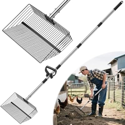 Senlinyu 15 inch Extra Large Chicken Poop Scooper with Ergonomic Grip,5-in-1 Heavy Duty Adjustable Coop Scoop for Poop (24 to 68"), Stainless Steel Sifting Litter Shovel Scoop for Chicken Coop