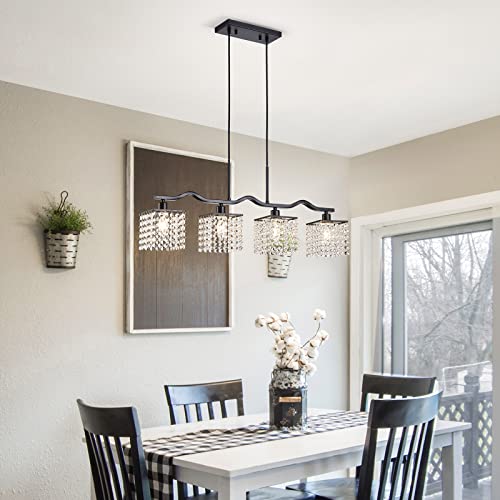 Image of WUZUPS Crystal Chandelier 4-Light Linear Raindrop Pendant Ceiling Light Modern Lighting Fixture for Bedroom Dinning Room Bar Kitchen Island, H8.7'' W4.7'' L30.5, E12 Base, Black