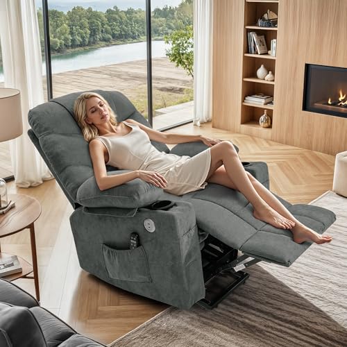 DWVO Power Lift Recliner Chair with Massage & Heat, Modern Fabric Recliner Chair, Spacious Fabric Seat, USB Ports, Cup Holders & Remote Control for Living Room, Dark Gray