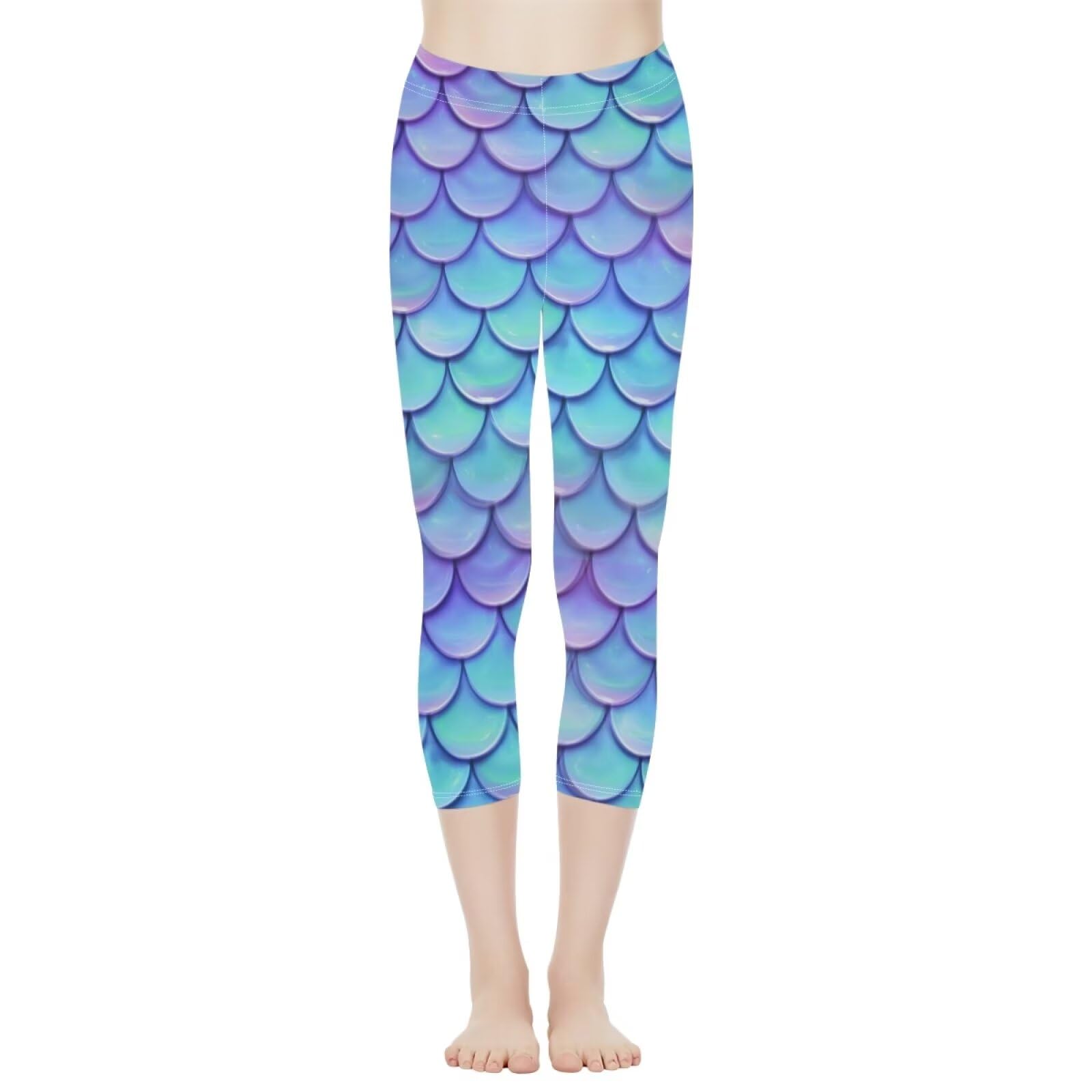 Poceacles High Waisted 3/4 Leggings, Womens Mermaid Scale Print Fashion Athletic Workout Running Tights Pants, Tummy Control Butt Lift Capri Yoga Leggings, Blue