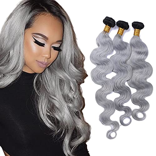 Freiuoke Body Wave Bundles Hunman Hair Bundles Ombre Grey Hair Extensions 1B/Grey 3 Bundles Tow Tone Black To Grey Natural Brazilian Remy Hair Two Tone Weave Bundles（26 28 30 inches）
