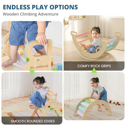 Image of BlueWood Pikler Triangle Set, Toddler Wooden Climbing Toys Indoor 7in1 Foldable Climber for Kids, Montessori Philosophy Play Jungle Gym with Arch, Ramp, Ladder (Colorful Spring)
