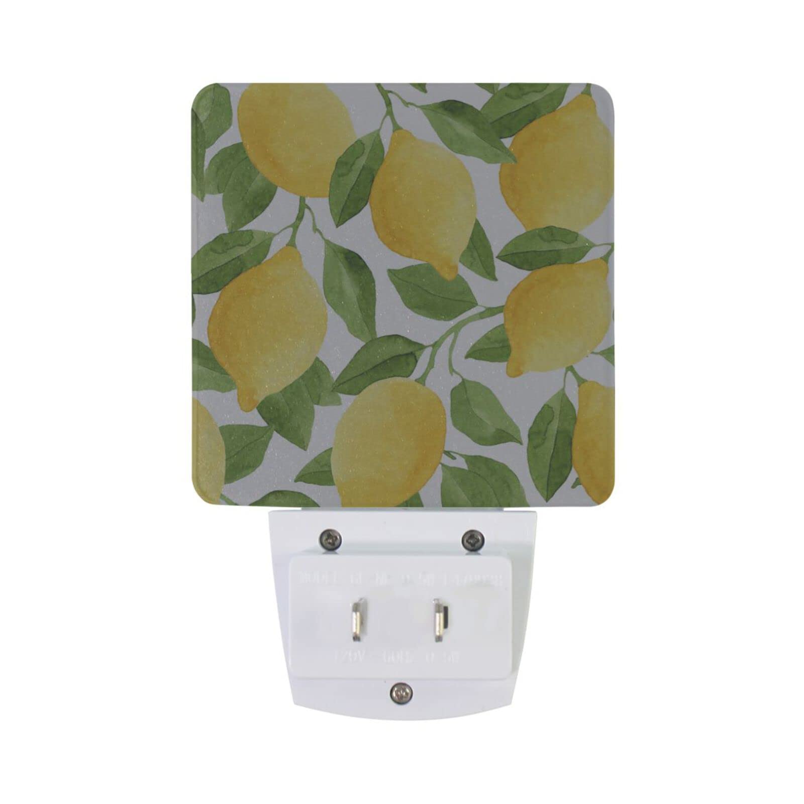 ALAZA 2 Pack Lemon Fruit Leaves Watercolor LED Night Light Dusk to Dawn Sensor Plug in Night Home Decor Desk Lamp for Adult