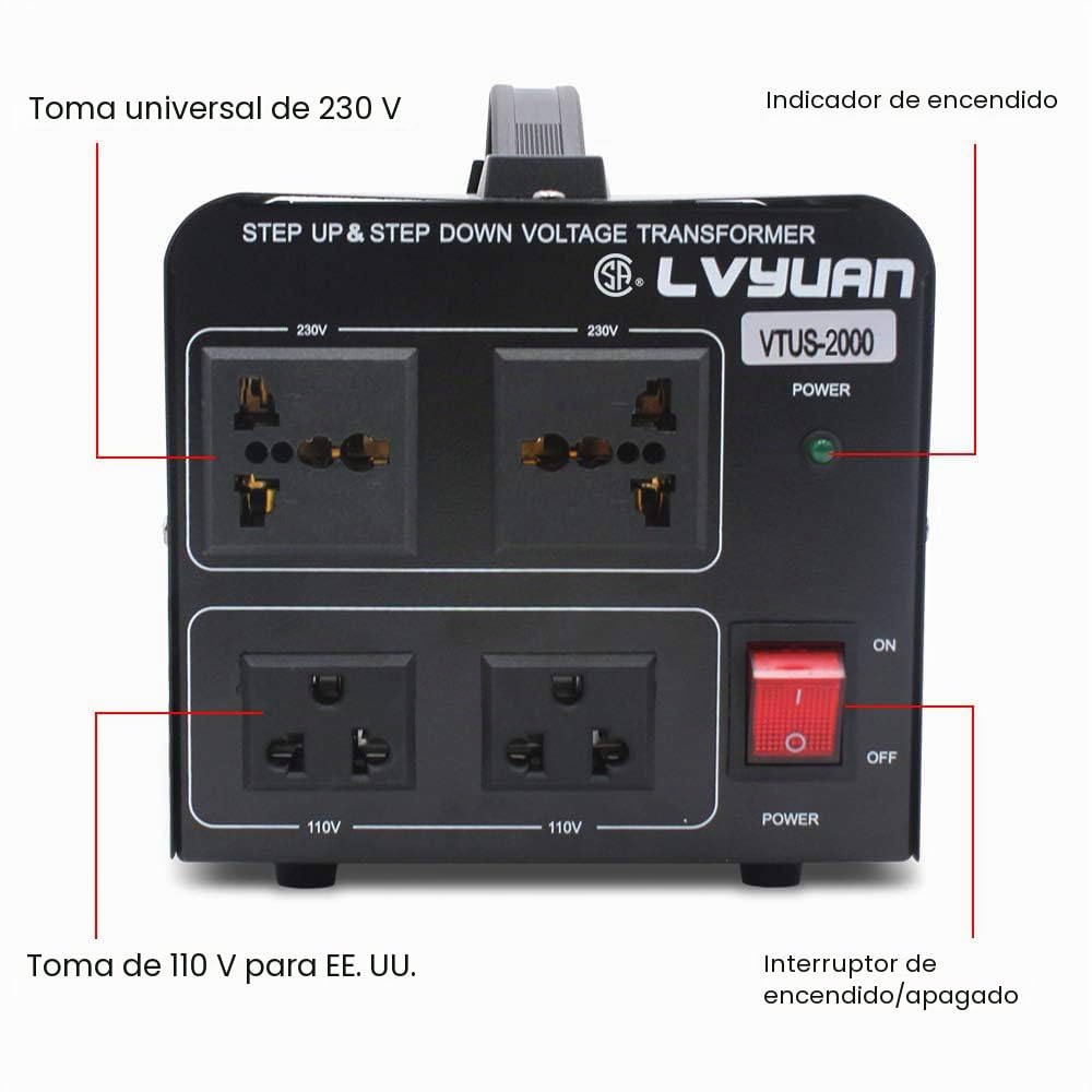 Cantonape Convertidor de Transformador de Voltaje de 2000 W, Conversión de 110-120 V a 220-240 V y de 220-240 V a 110-120 V, 2 Salidas de EE. UU., 2 Salidas Universales