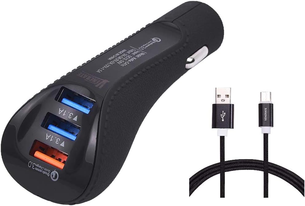 USB Car Charger and USB Cable Compatible with USB and Type-C Devices (Black)