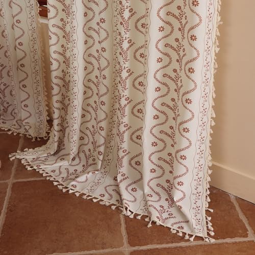 Image of Boho Farmhouse Curtains for Living Room 2 Panels, Floral Fall Curtains 80 Inches Long,Privacy Country Vine Pattern Bedroom Curtain,Let Light in Window Drapes Beige