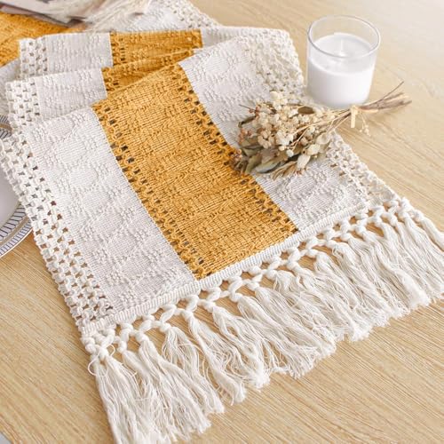 Image of FEXIA Boho Table Runner for Summer Home Decor with Tassels 72 Inches Long Farmhouse Yellow Rustic Table Decoration Macrame Burlap Decor for Living Room Bridal Shower (12x72 Inches)