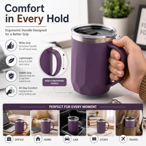 Image of MAGIC SPOON Stainless Steel Travel Coffee Mug with Sipper Lid & Handle, Insulated Tea Cup, BPA-Free Double Wall Tumbler for Hot-Cold Beverages, Office, Home, Car, Travel- Purple, (400ml X 1 Pack)